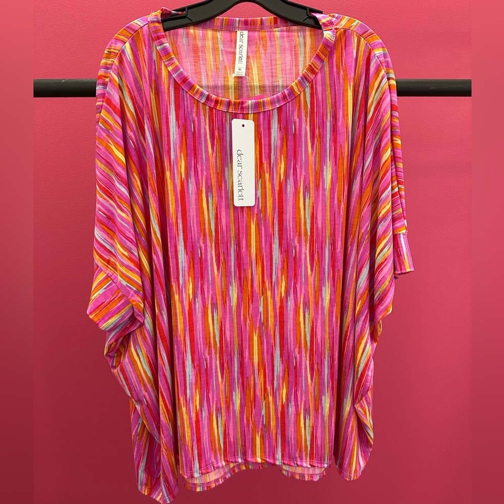 Dear Scarlett Pink Multi-colored 🩷💛🧡 Scoop neck top in a poly-spandex blend!
